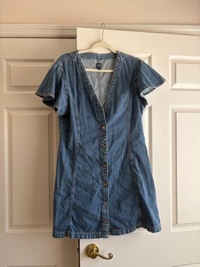 GAP Short Sleeve Denim Button-Front Mini Dress - Blue